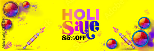 Holi sale website banner for promotion offer advertisement template design. Indian Festival of Colors celebration with text special holi sale.