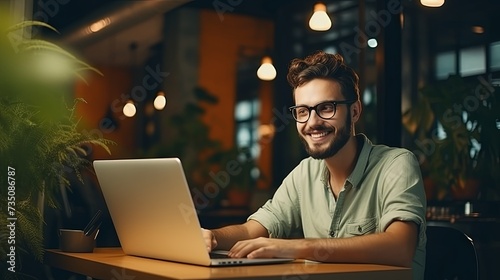 Happy smiling girl wearing eyeglasses while sitting at home interior and working on laptop, joyful freelancer woman using portable computer at modern co-working office, visual effects