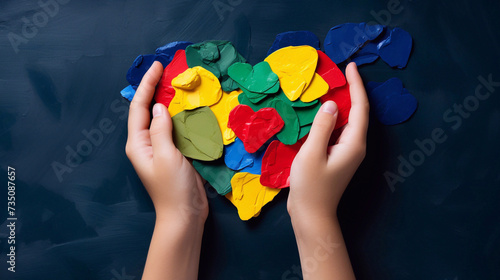 Child's hands holding a multicolored heart on dark blue background. The symbol of Autism awareness day.