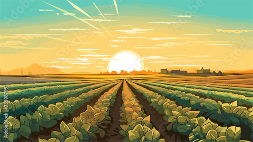 Sun rising over a row of crops symbolizing the importance of sunlight in agriculture. simple Vector Illustration art simple minimalist illustration creative