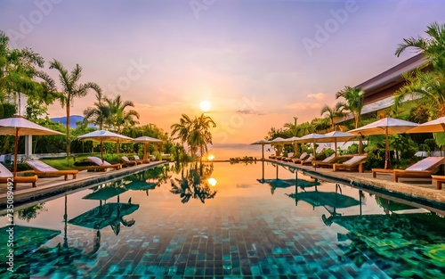 Beautiful luxury outdoor swimming pool in hotel and resort at sunrise time - Vacation concept