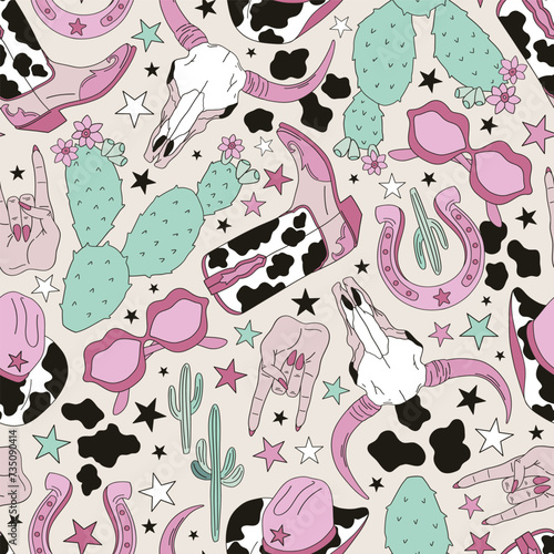 Groovy wild west cowgirl disco party vector seamless pattern. Cow spotted female cowboy boots and sheriff hat, bull skull, woman hand with rock gesture, cactus, lucky horseshoe, lips shape sunglasses