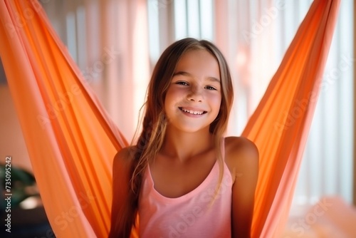  Young smiling girl practice in aero stretching swing in hammock in fitness club. kids Aerial flying yoga exercises