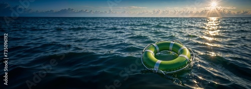 Lifebuoy on the open sea, metaphor for internet security, symbolizing protection in the digital realm, concept of guarding against online vulnerabilities, website header, copy space. Generative AI
