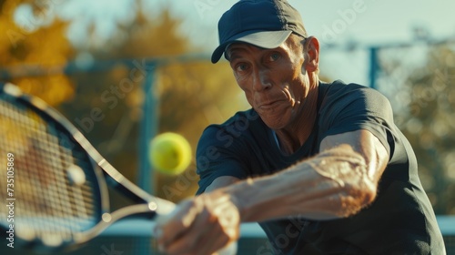 In the image, an adult tennis player with a focused expression is captured at the moment of impact while executing a forehand stroke, with the tennis ball visible near the racket. The player is equipp
