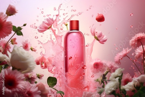 Delicious floral Shampoo with drops on the background, flying objects