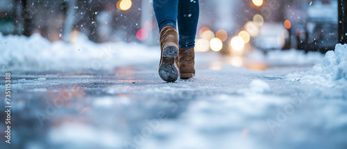 Pernas de mulher de salto alto andando em uma rua nevada em Nova York