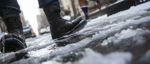 Pernas de mulher de salto alto andando em uma rua nevada em Nova York