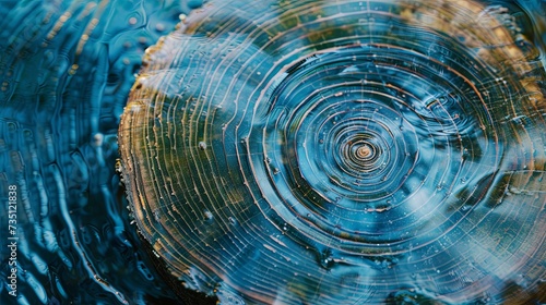 Blue Tree Rings with Abstract Wave Texture. Close-up of blue-tinted tree rings with a natural, wave-like pattern and texture, emphasizing organic beauty and age. 