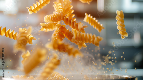 Pasta as it falls into boiling water.