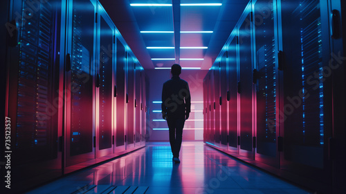 A modern man confidently walks down a futuristic hallway in a high-tech server room.