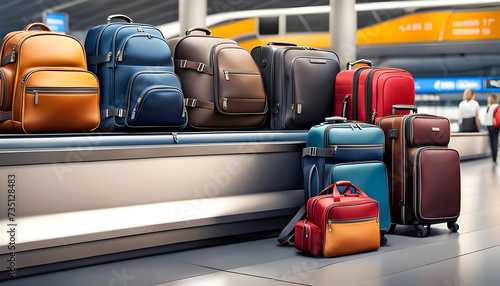 collection of suitcases and travel bags on a transport belt at the airport, bags of different styles, sizes, colors, prints, materials and shapes, traveling with a suitcase at the airport,