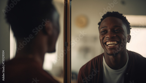 A happy black man is smiling at his reflection in the mirror