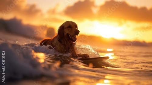 Golden Retriever surfa su un'onda alla luce del tramonto, con un sorriso mentre si diverte tra le onde