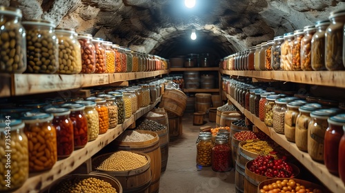 underground cellar with various food supplies for survival and wintering concept: nuclear war, people in a bunker, food, nuclear winter