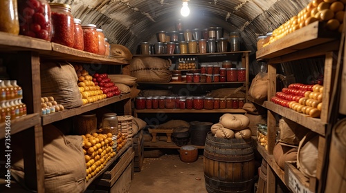 underground cellar with various food supplies for survival and wintering concept: nuclear war, people in a bunker, food, nuclear winter