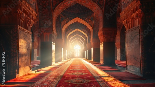 Islamic background with magnificent mosque , creative photograph angles, Interior of Mosque, Concept of Ramadan Kareem, Generative Ai