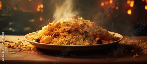Shah pilaf Khan pilaf in a pita Traditional oriental dish on tableware Azerbaijan Baku Shah Pilaf with fire on a table in restaurant. Creative Banner. Copyspace image