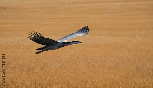 crane in flight over fields of montana