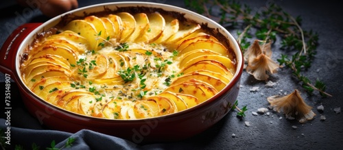 Potato gratin graten baked potatoes with cream and cheese with rosemary and forks Turkish name Kremali patates. Creative Banner. Copyspace image