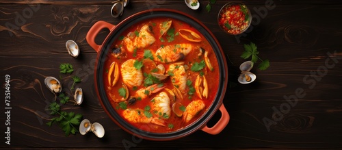 Modern style traditional Spanish seafood zarzuela de pescado with fish served in red sauce as top view in design pot. Creative Banner. Copyspace image