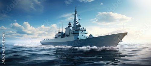 Rocket cruiser A modern warship The military cruiser. Creative Banner. Copyspace image