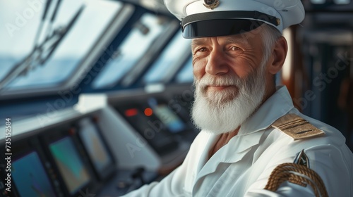 captain of a large cruise ship stands on the bridge