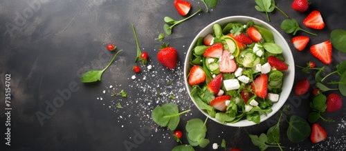 Strawberry spinach cucumber feta cheese salad Top view copy space flat lay. Creative Banner. Copyspace image