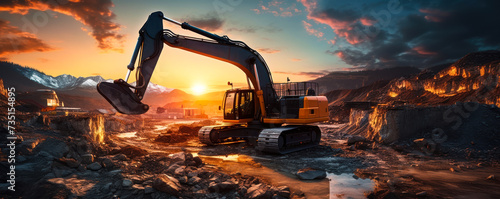 Industrial excavator on construction site against a vibrant sunset, depicting heavy machinery at work in mining operations and land development