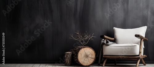 Stylish black and white home interior in rustic style with designer armchair and wooden log tablecloth. Creative Banner. Copyspace image