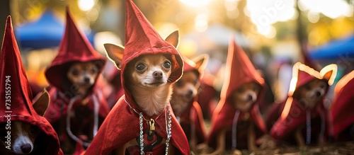 Small dog wears a red dress costume at Atlanta Halloween contest event. Creative Banner. Copyspace image