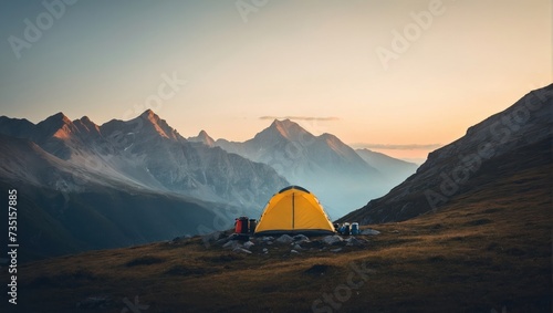 Camping on the top of a mountain at sunset. Trekking in the mountains
