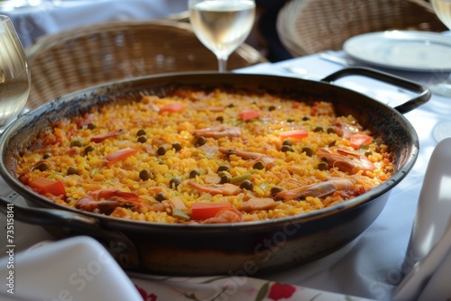 Traditional Spanish paella with seafood, chicken, rice and vegetables served in a pan