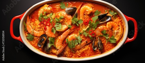 Modern style traditional Spanish seafood zarzuela de pescado with fish served in red sauce as top view in design pot. Creative Banner. Copyspace image