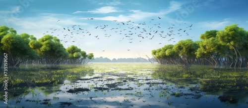 The world largest mangrove forest with wildlife. Creative Banner. Copyspace image