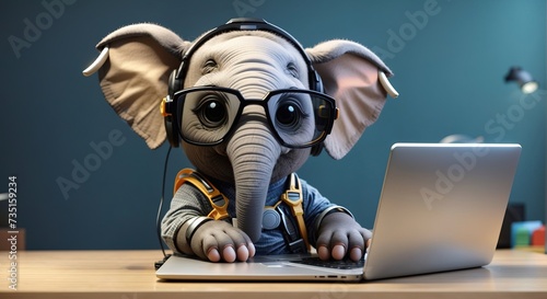 Funny elephant mascot with googles working in front of digital device