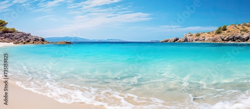 Tropical sandy beach with turquoise water in Elafonisi Crete Greece. Creative Banner. Copyspace image