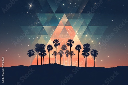 a group of palm trees in front of a triangle pattern