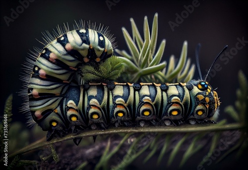 butterfly caterpillar Papilio machaon on a forest plant on a summer day. Generative AI