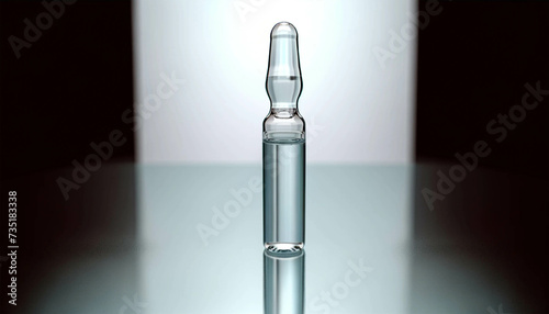 Close-up view of a medical ampoule. The ampoule is placed on a sterile clinical surface, with emphasis on its design and the liquid it contains.