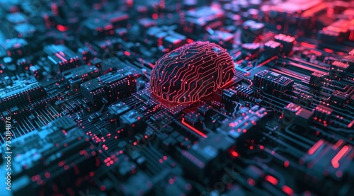 Un cerveau sur un circuit imprimé, intelligence artificielle, art conceptuel spatial, effets de lumière colorés.