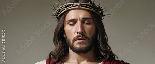 Realistic image of Jesus Christ with thorn crown and empty space for text