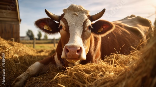 livestock cow eating hay
