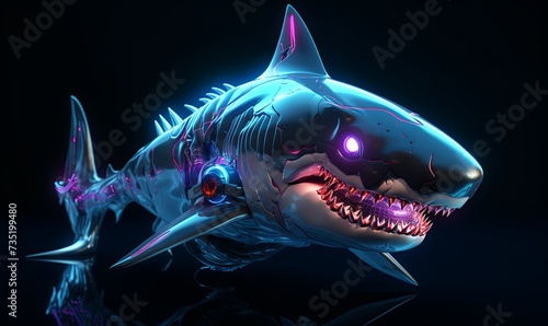 Digital white shark background. Cyber 3d neon predator fish with purple glowing jaws and web wiring with blue cybernetic fins