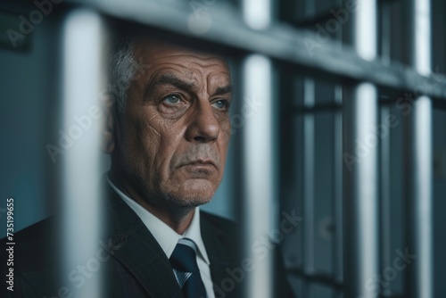 A man dressed in a suit and tie standing behind prison bars. This image can be used to represent concepts such as imprisonment, confinement, legal issues, or corporate scandals