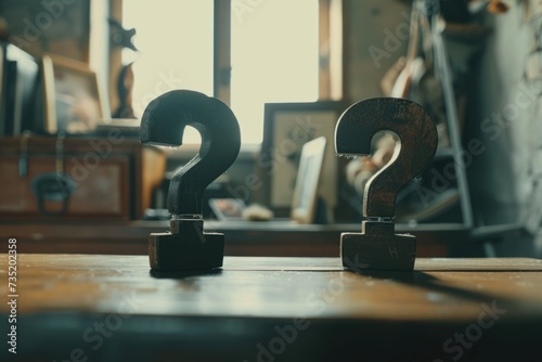 A wooden table with a pair of question marks, representing uncertainty or confusion. Can be used to illustrate concepts of problem-solving, decision-making, or seeking answers