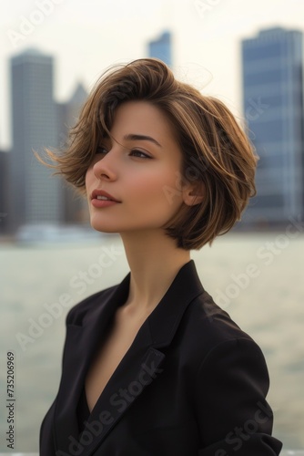 Stylish woman with modern hairstyle against city background