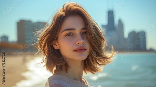 Woman with an asymmetrical lob haircut against city background