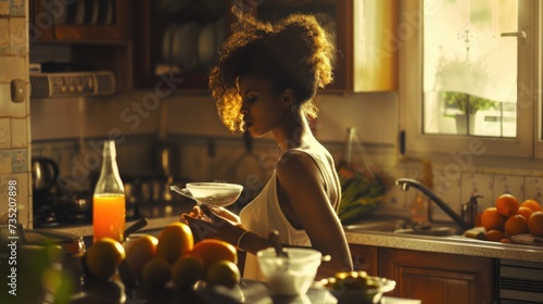 A woman standing in a kitchen holding a glass. Suitable for lifestyle, cooking, and healthy living themes