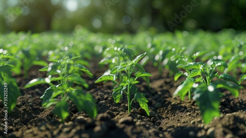 Tomato seedlings are planted beautifully and evenly in beds in the ground in the field in the spring. Agricultural industry: growing tomatoes for tomato paste, sauces and lecho. 